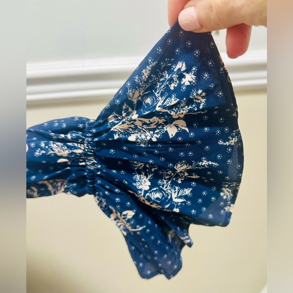 Steele Blue Floral Prairie Dress Ruched Top Flare Sleeves SzS Cottagecore Fairy - Picture 2 of 7